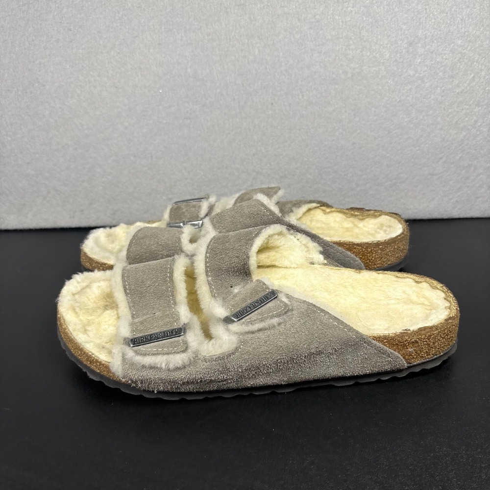 Birkenstock Arizona Fur Shearling Suede Sandals Grey Stone Size EU 40 US W9